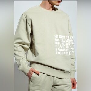 Helmut Lang Men's taupe box logo Beige Crewneck Sweater body 100 cotton trim 95